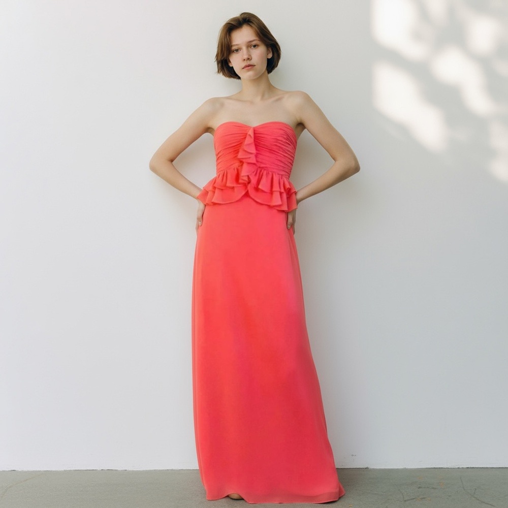 New formal gown coral pink size 4 chiffon long strapless